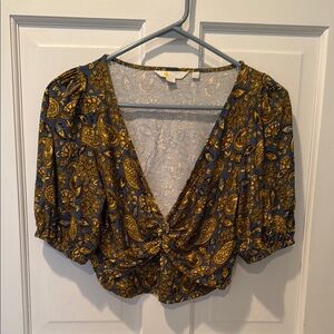 Boden Yellow Crop Top with Puff Sleeves and Tie Front